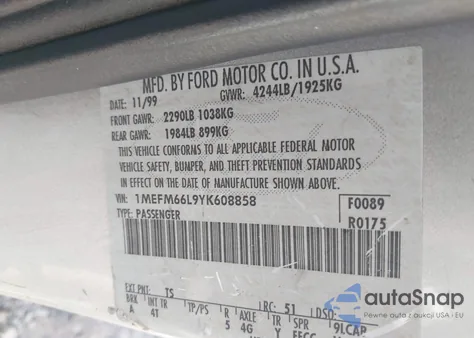 2000 Mercury Mystique Ls from USA, damaged, VIN 1MEFM66L9YK608858